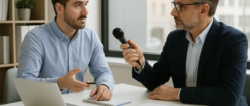 Interview over verantwoord lenen – EasyLenen.nl Twee mannen voeren een financieel interview in een kantoor, met documenten en laptop op tafel. Onderaan staat een blauwe balk met het logo EasyLenen.nl.