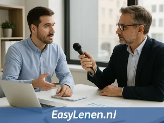 Twee mannen voeren een financieel interview in een kantoor, met documenten en laptop op tafel. Onderaan staat een blauwe balk met het logo EasyLenen.nl.