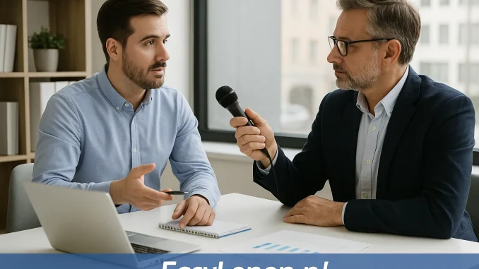 Twee mannen voeren een financieel interview in een kantoor, met documenten en laptop op tafel. Onderaan staat een blauwe balk met het logo EasyLenen.nl.